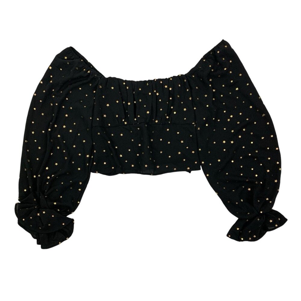 Mon Ami Crop‎ Top XL Black Stars Long Sleeve Sheer Festival Party